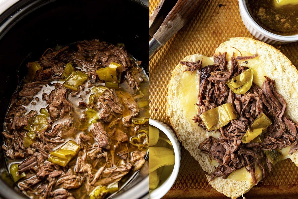 Side by side preparation shots of slow cooker Italian beef sandwiches in the slow cooker and on a baking sheet.