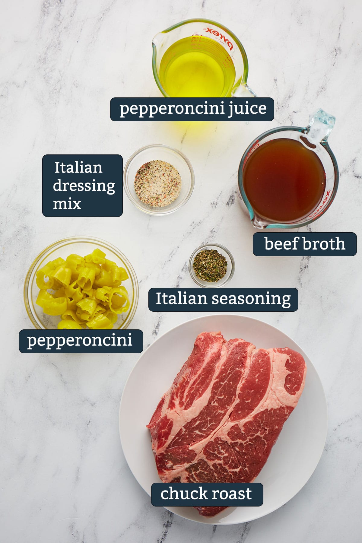 Ingredients to make slow cooker Italian beef sandwiches in prep bowls.