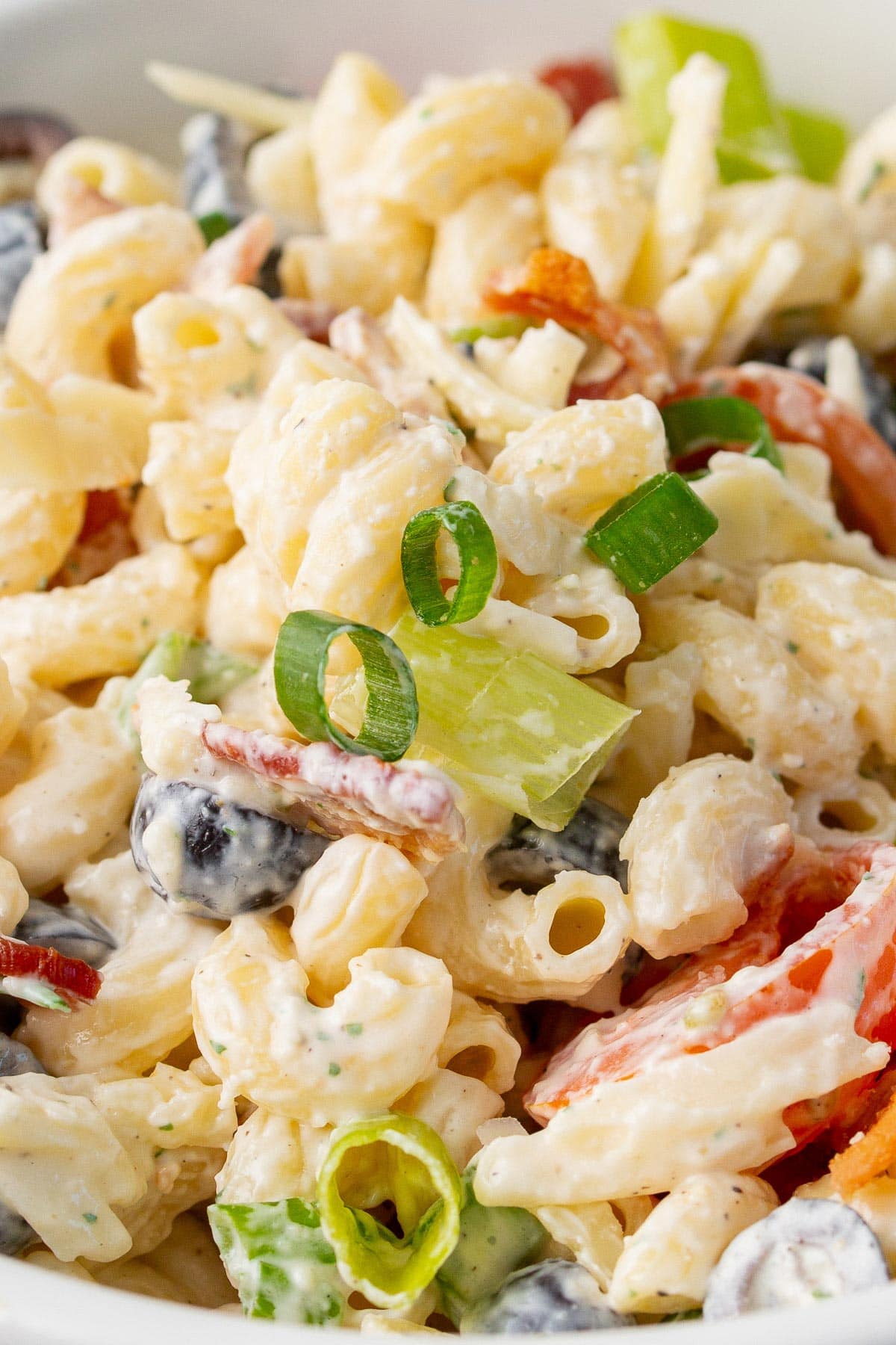 A close up shot of creamy bacon ranch pasta salad with black olives, grape tomatoes, bacon bits, cheddar cheese and green onions.