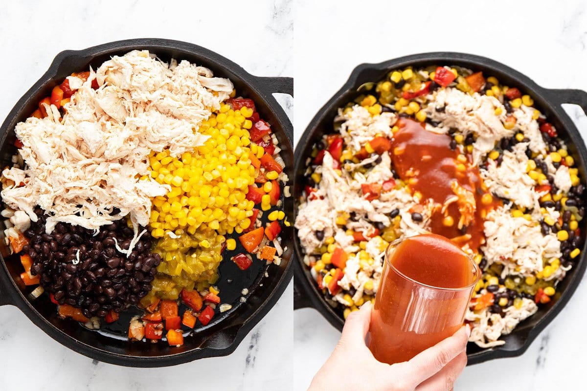 Side by side shot of chicken enchilada casserole fillings simmering in a cast iron pan.