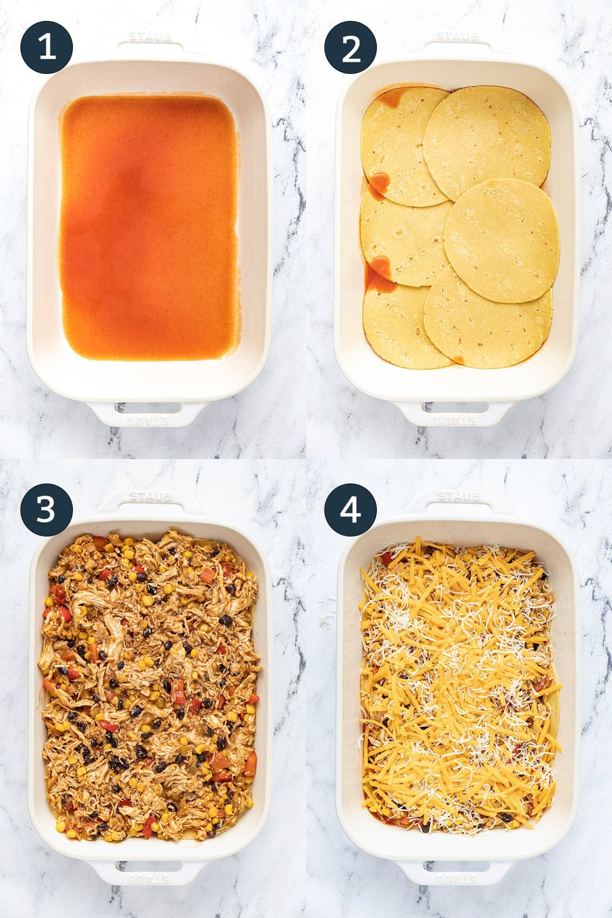 Four step by step photos of stacking order for making chicken enchilada casserole.