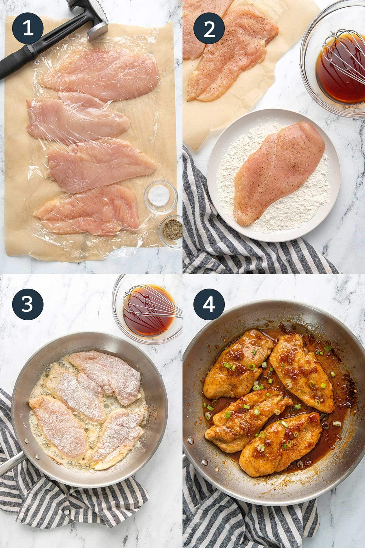 Four side by side images of preparing and making honey garlic butter chicken.
