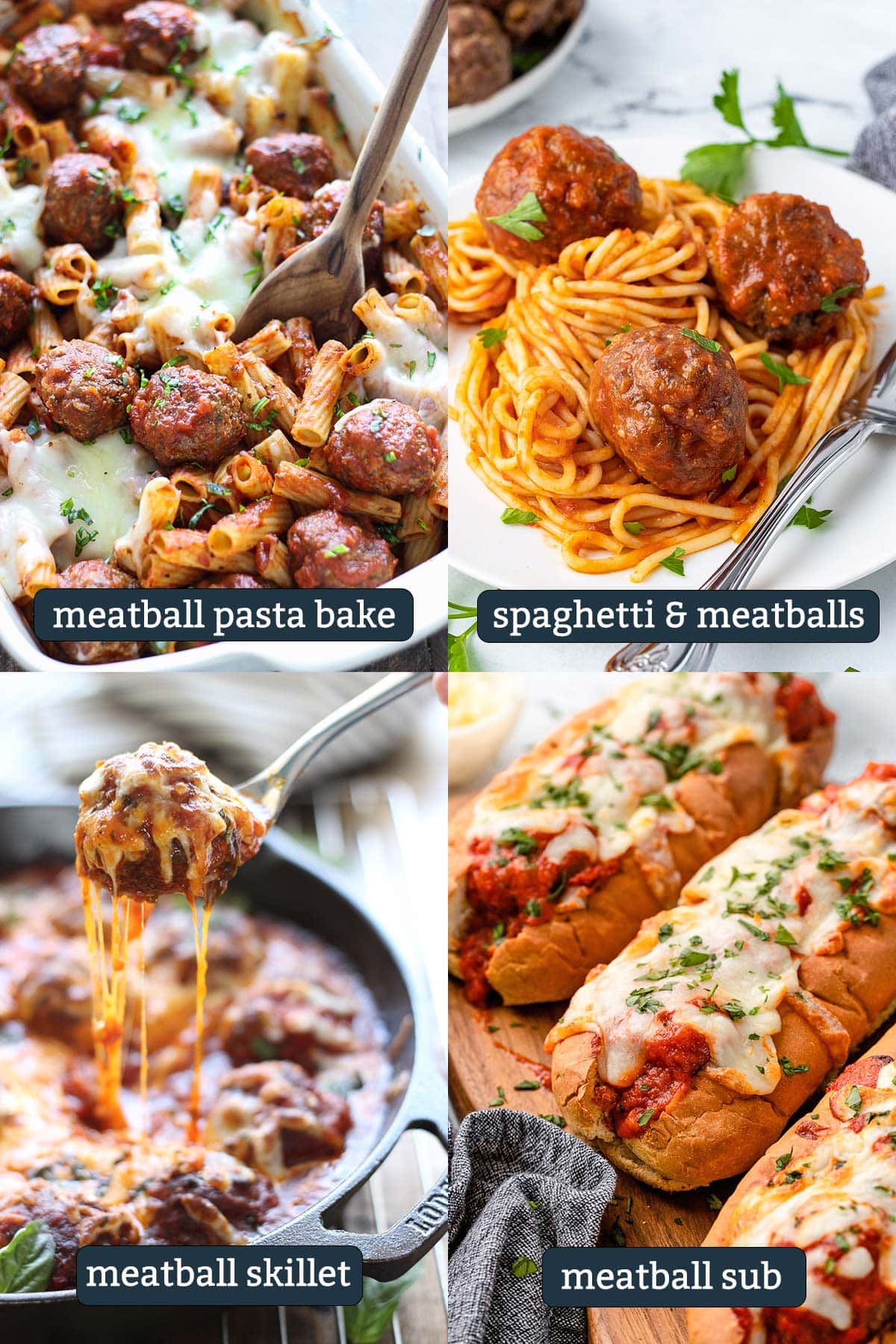 Parmesan meatballs in a meatball pasta bake, spaghetti and meatballs, meatball skillet and a meatball sub.