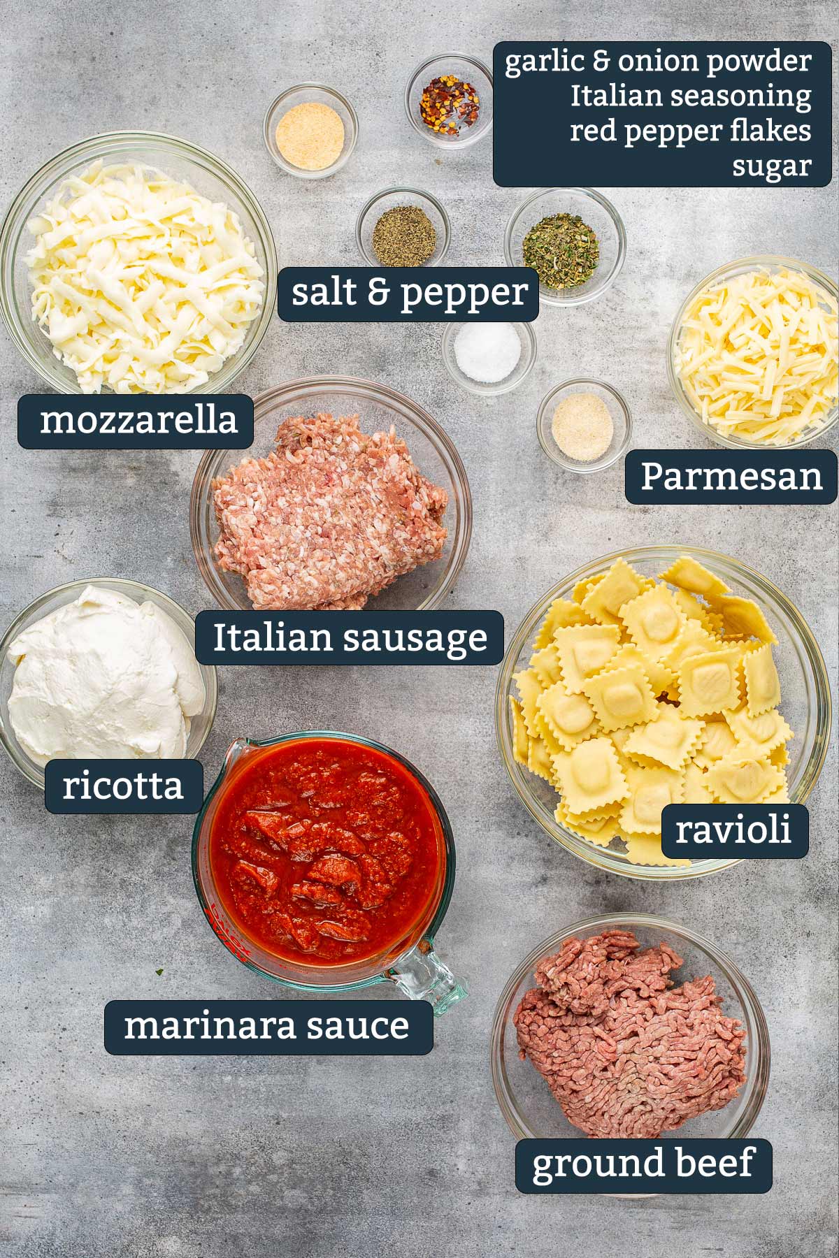 Ingredients to make ravioli lasagna bake in prep bowls.