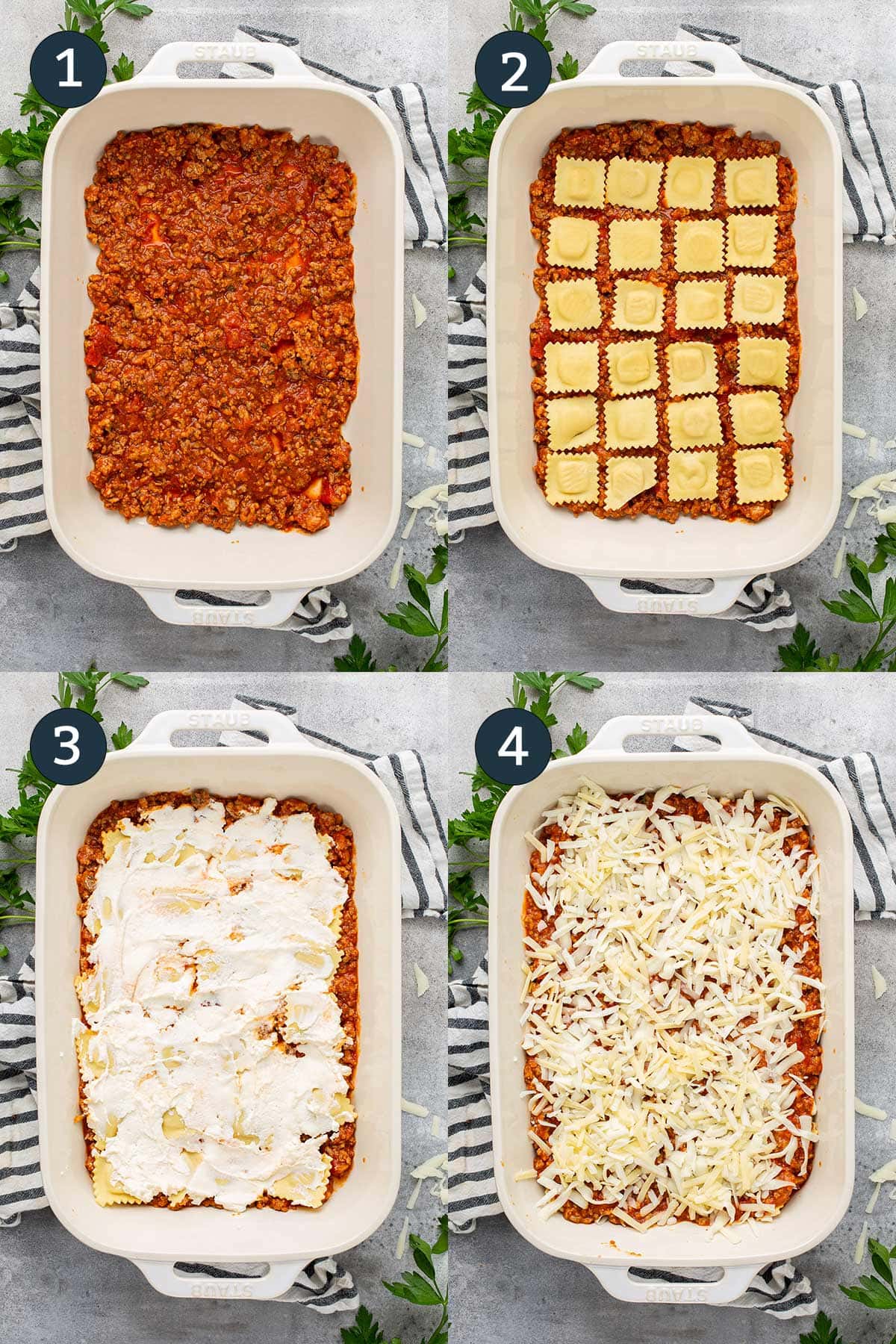 Four preparation shots of ravioli lasagna bake layers in a white 9x13 casserole dish.