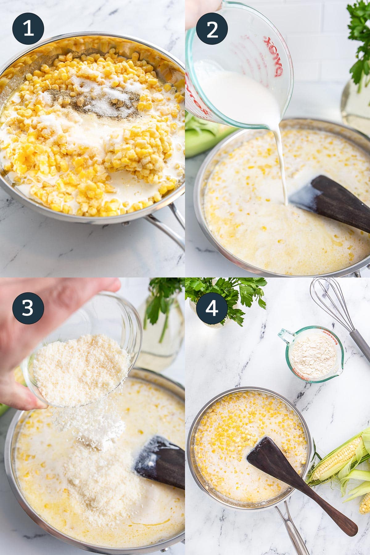 Four process shots of cooking creamed corn in a large stainless steel skillet.