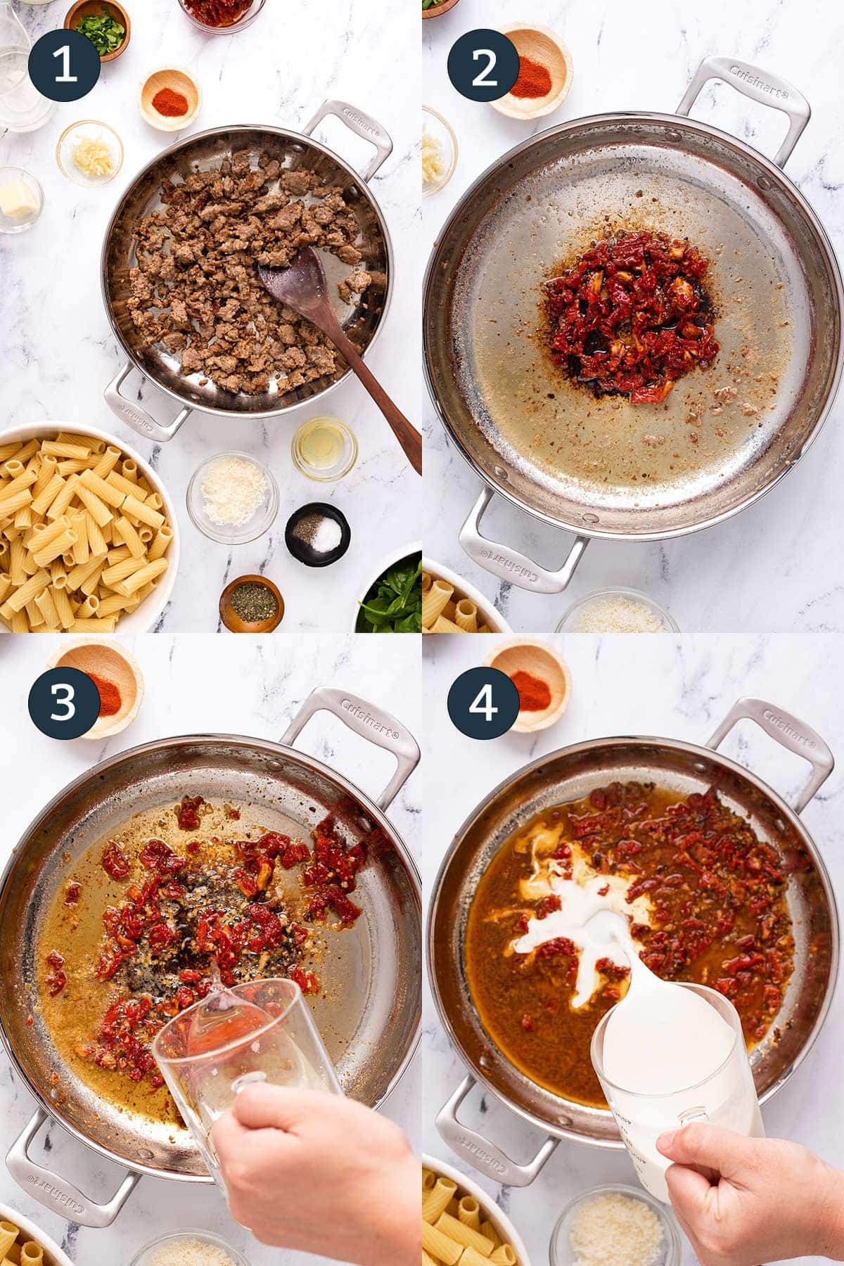 Four preparation images of cooking some creamy Tuscan sausage pasta in a stainless steel pot.