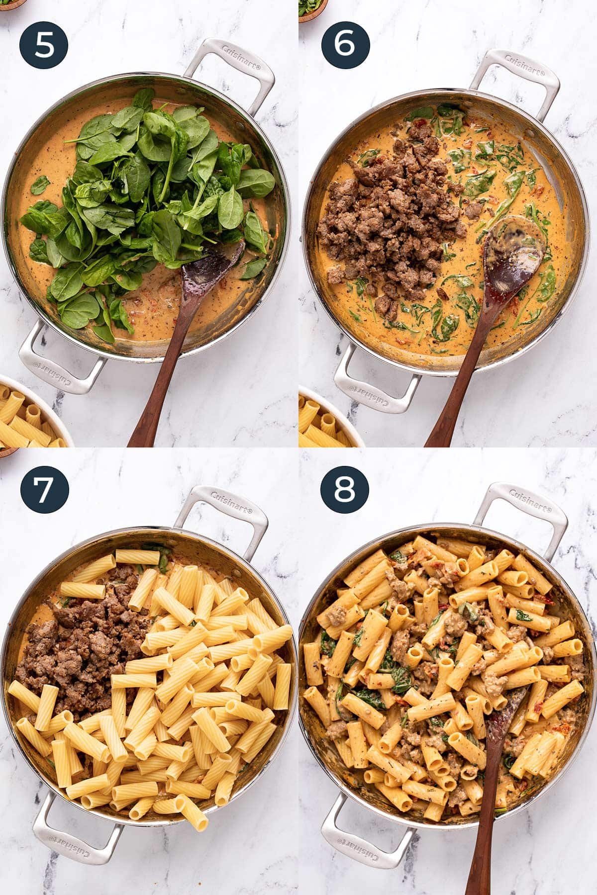 Four preparation images of cooking some creamy Tuscan sausage pasta in a stainless steel pot.