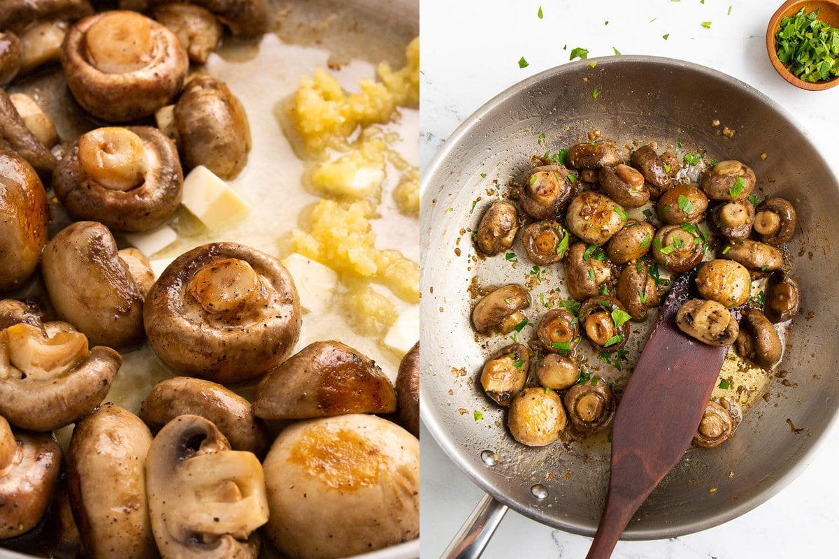 Two side by side images of cooking garlic butter mushrooms in a stainless steel skillet.