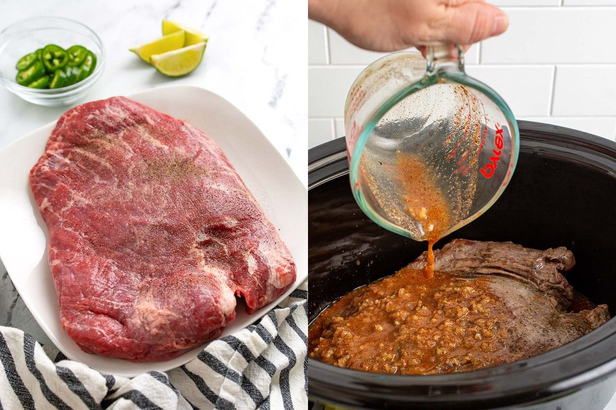 Preparation images of a seasoned flank steak and a flank steak in a slow coooker with seasonings poured over it.