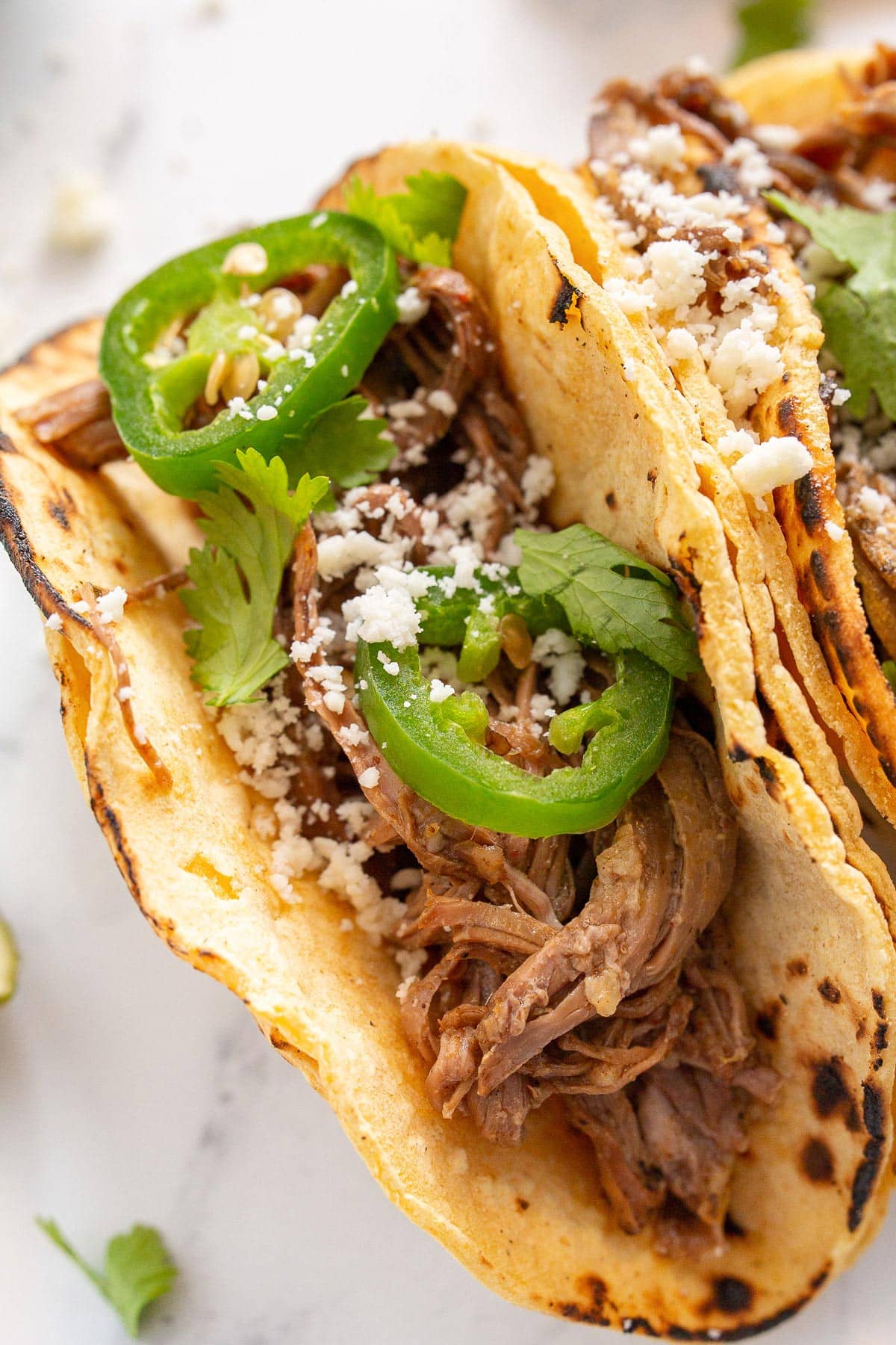 A corn tortilla stuffed with shredded slow cooker carne asada and topped with jalapeno slices and queso fresco.