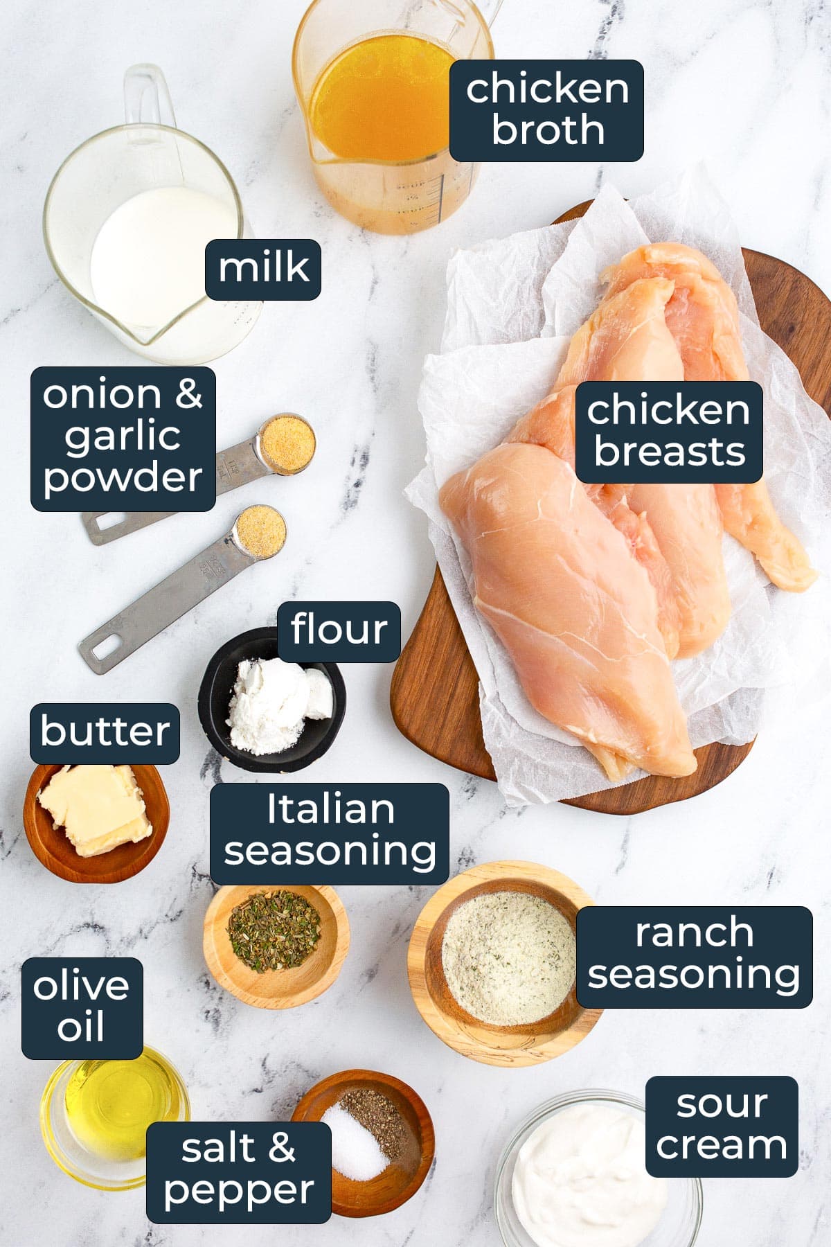 Ingredients to make creamy ranch chicken in prep bowls.