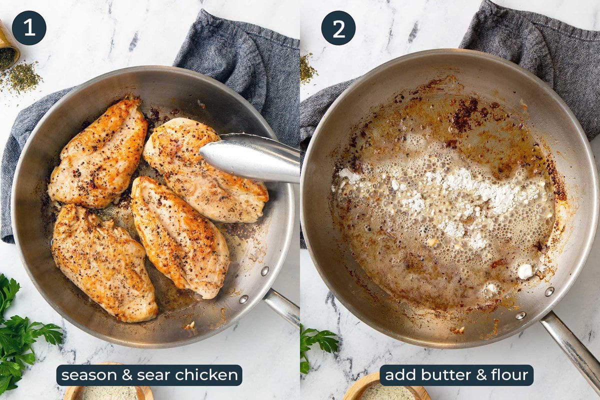 Two side by side preparation shots of how to make creamy ranch chicken.