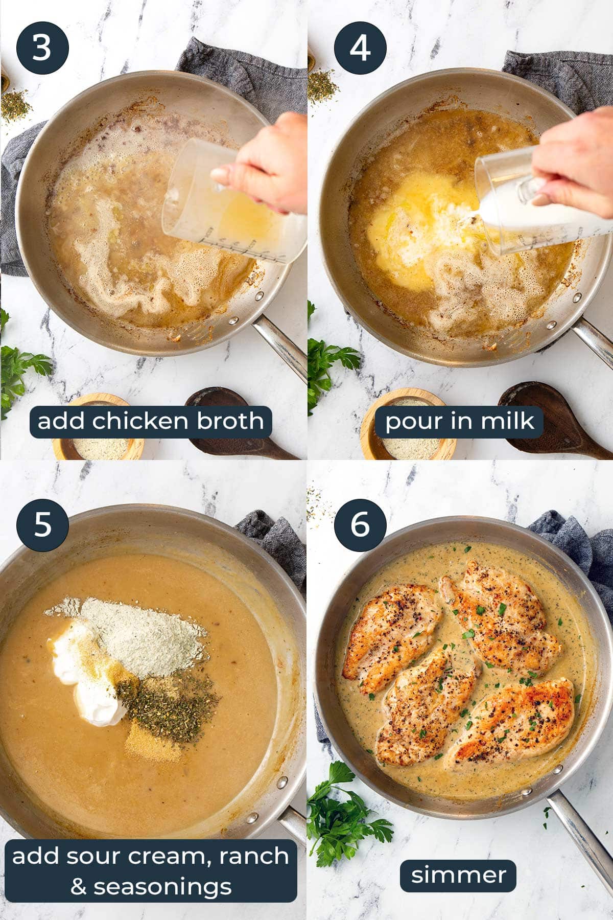 Four preparation shots of how to make creamy ranch chicken.