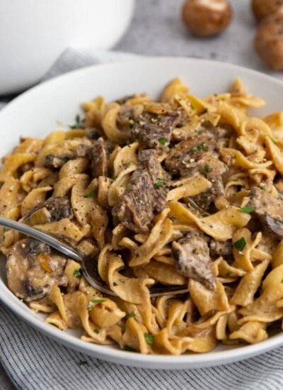 Creamy beef stroganoff on a bed of egg noodles in a white low bowl.