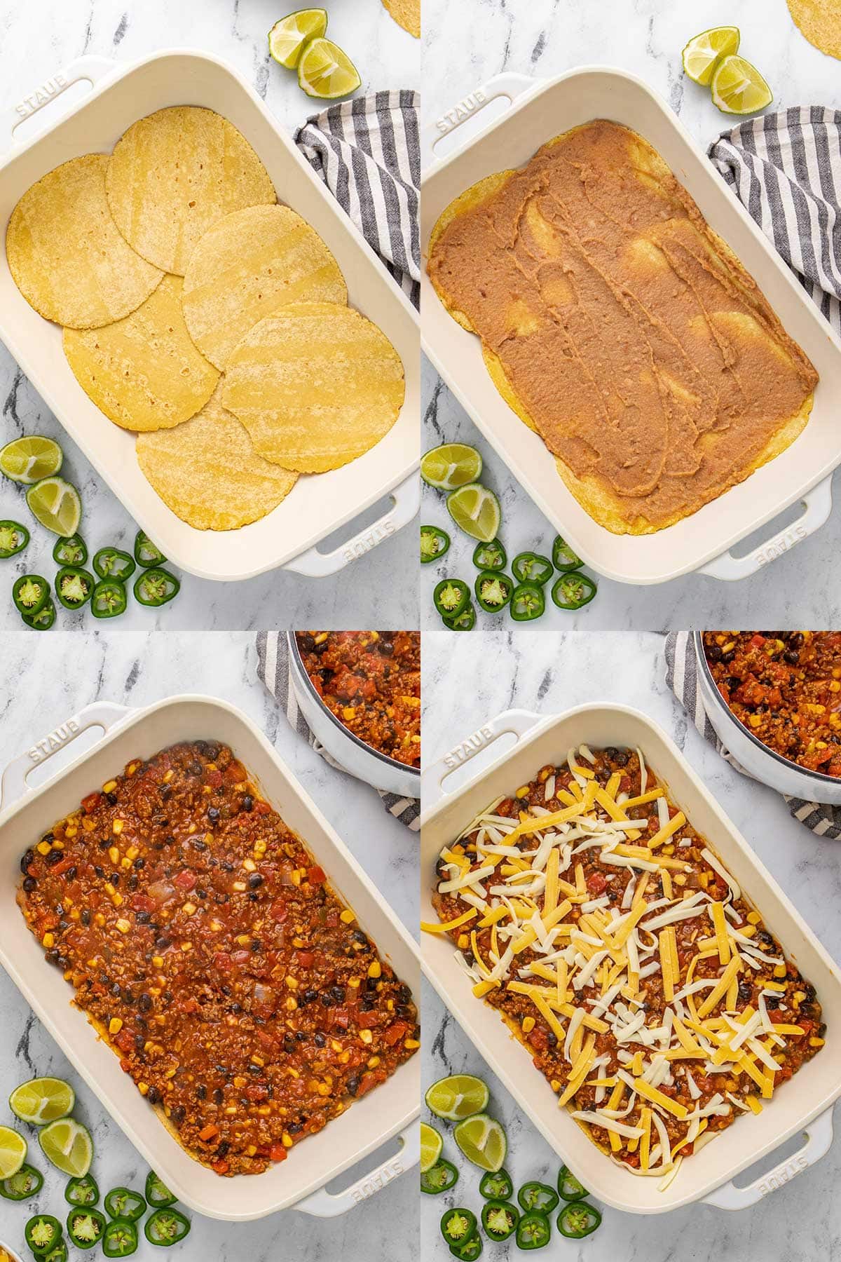 Four step by step photos on how to layer Mexican ground beef casserole in a 9x13 casserole dish.