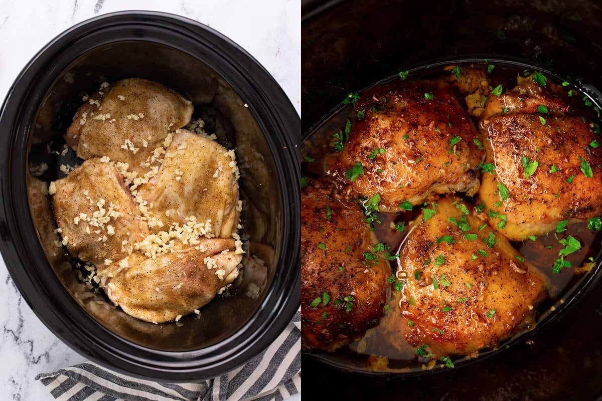Side by side photos of before and after slow cooker brown sugar garlic chicken is cooked.