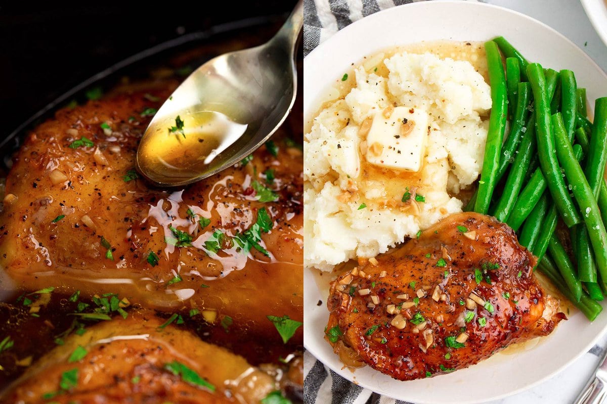 Side by side photos of sauce drizzled over some brown sugar garlic chicken and a plate of it with some mashed potatoes and green beans.