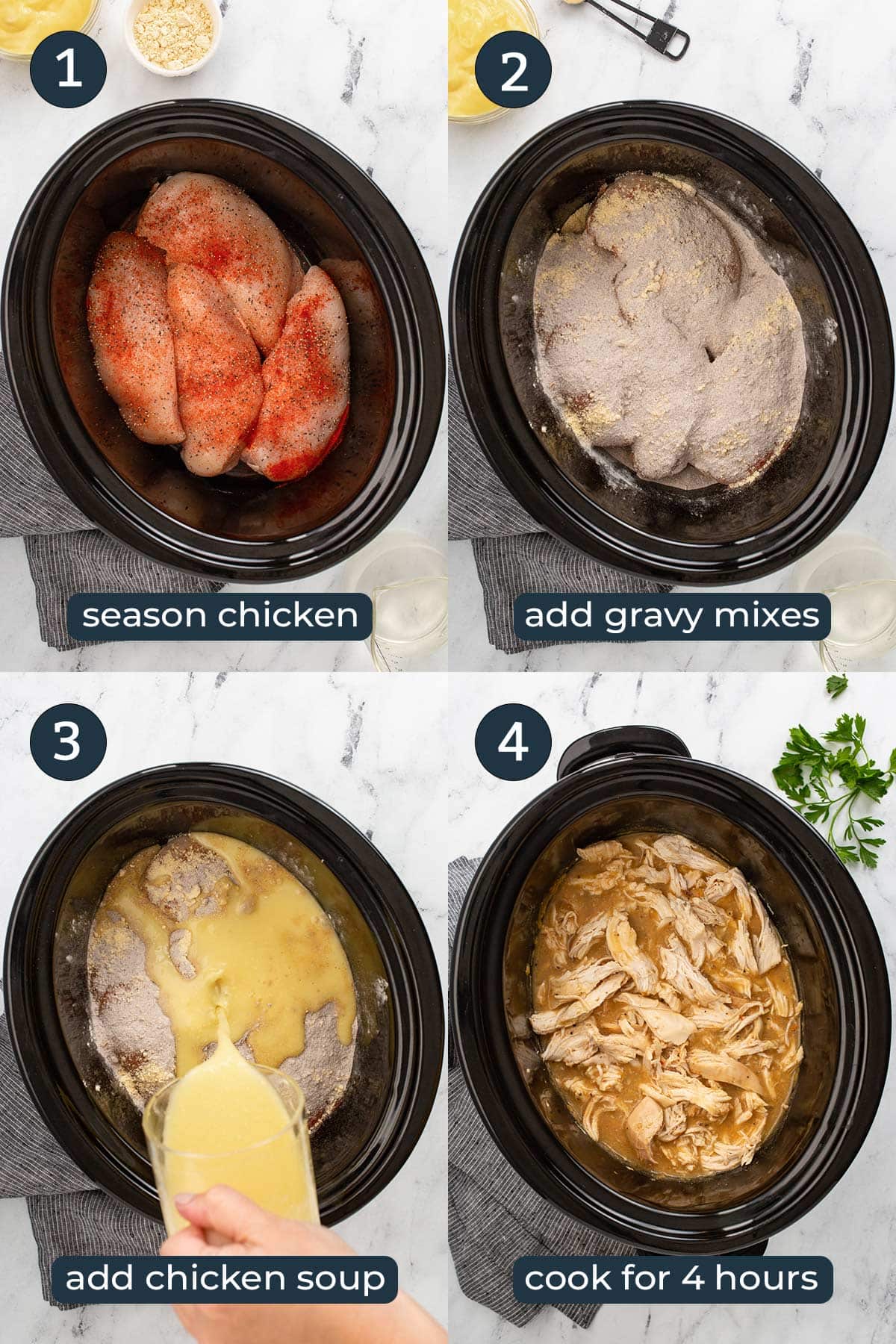 Four step by step photos on how to make slow cooker chicken and gravy.