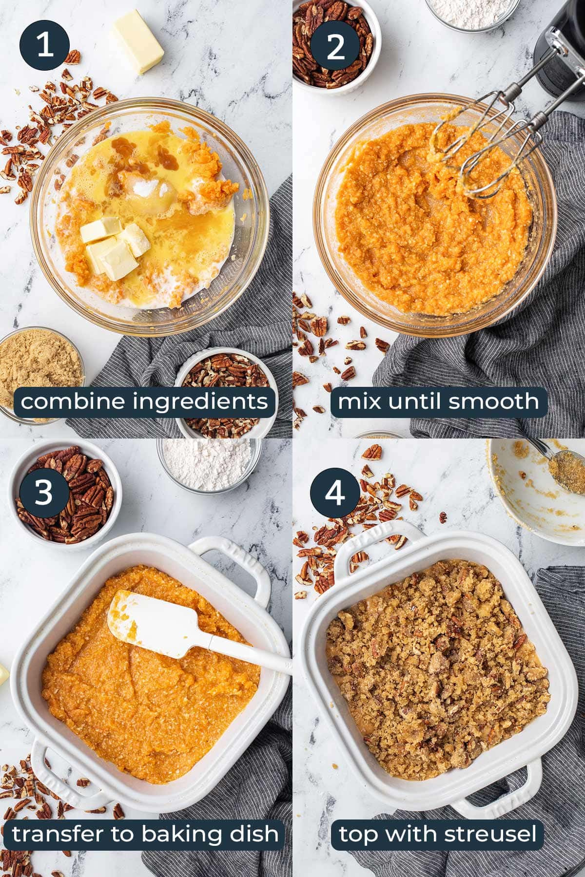 Four step by step photos on how to make sweet potato casserole.