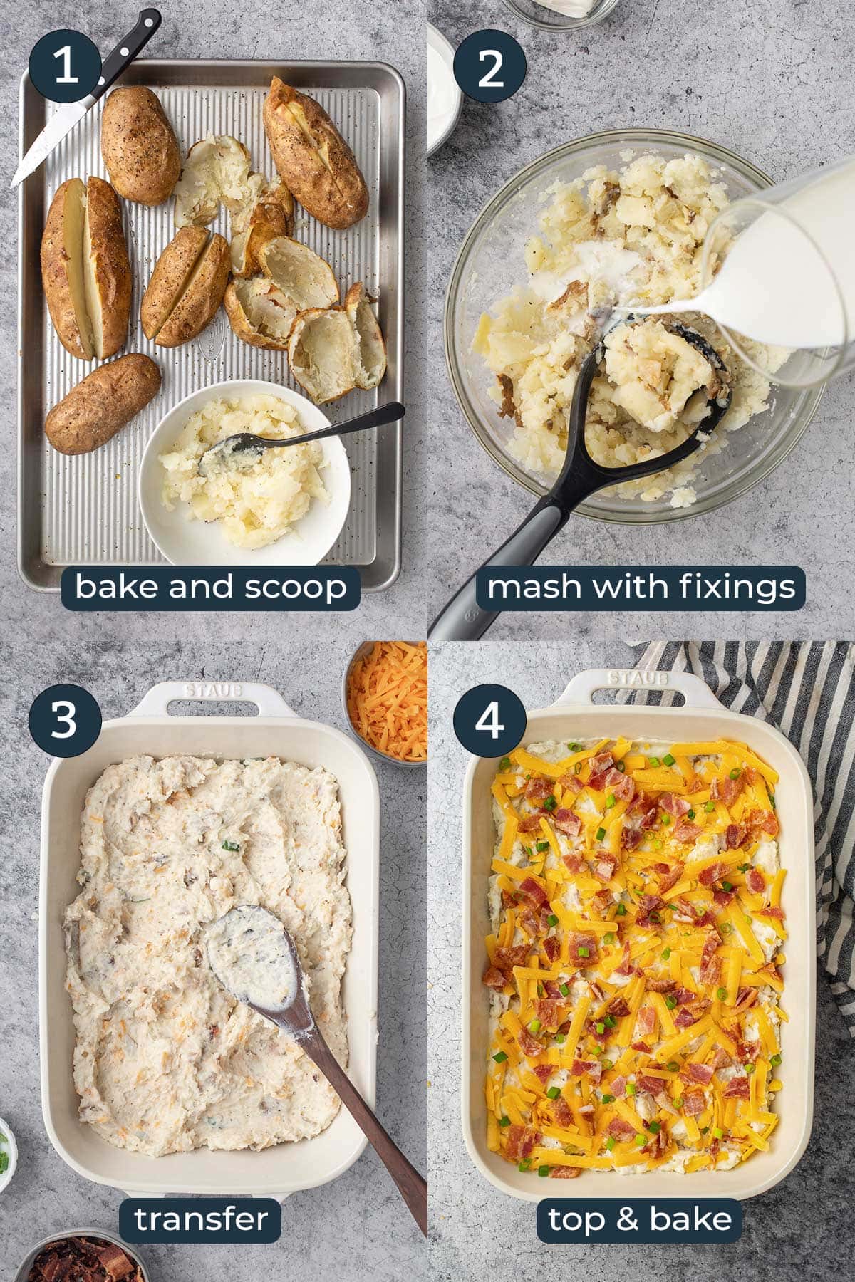 Four step by step photos on how to make twice baked potato casserole.