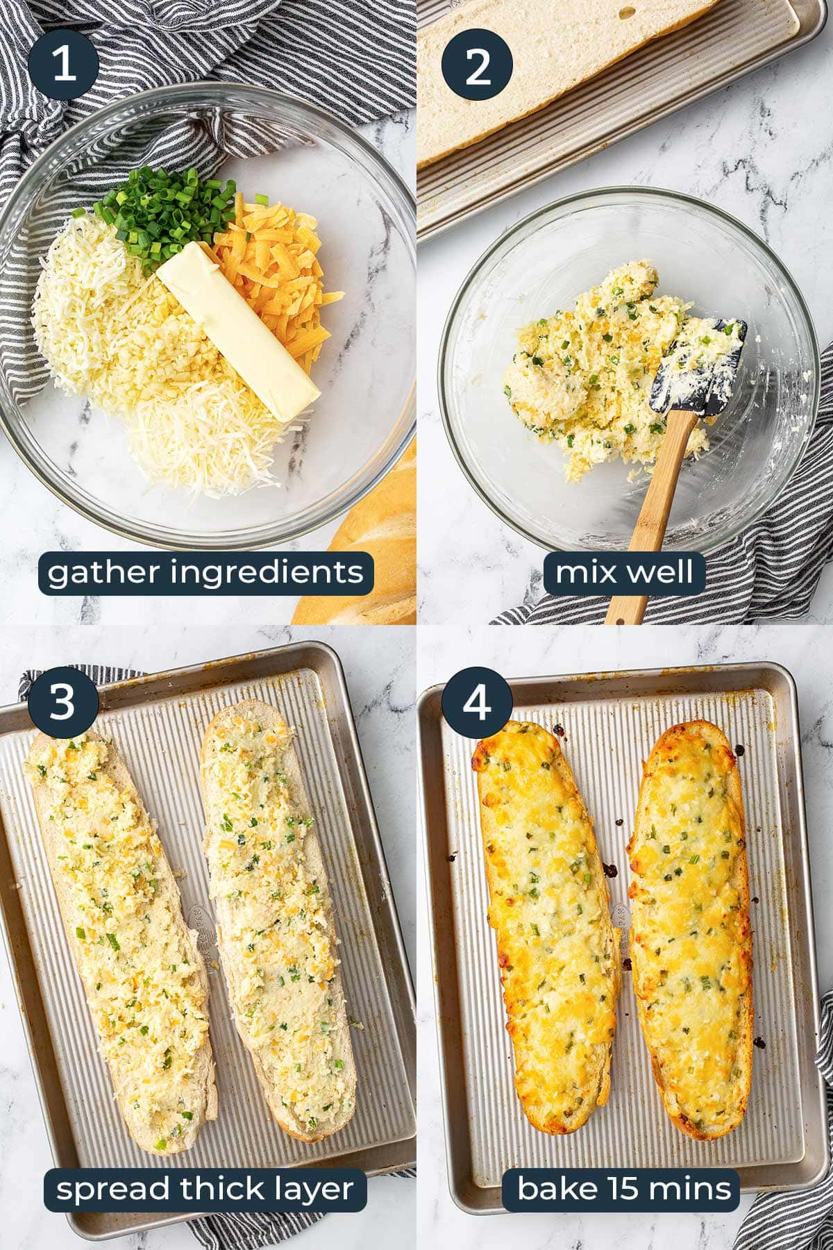 Four step by step photos on how to make cheesy garlic bread in the oven.
