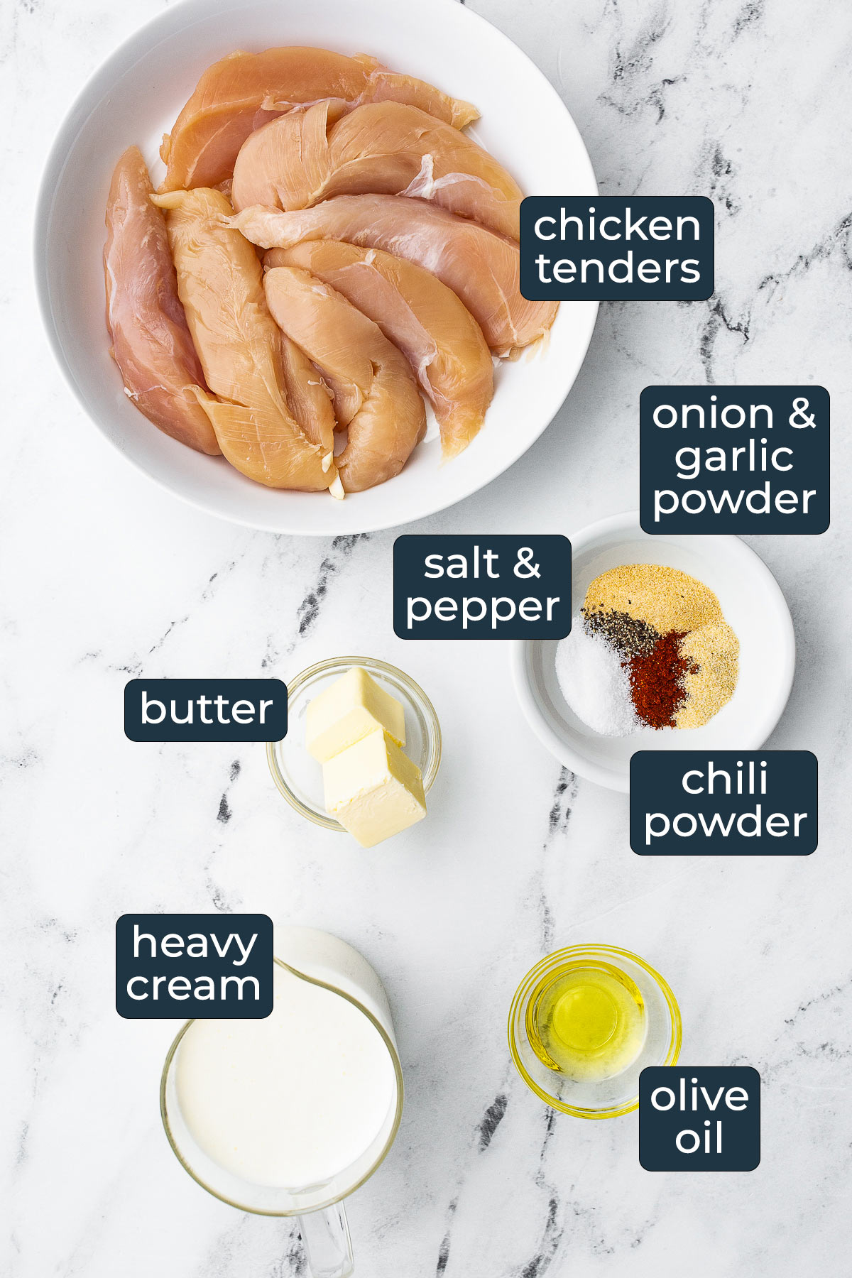 Ingredients to make chicken Lazone in prep bowls.