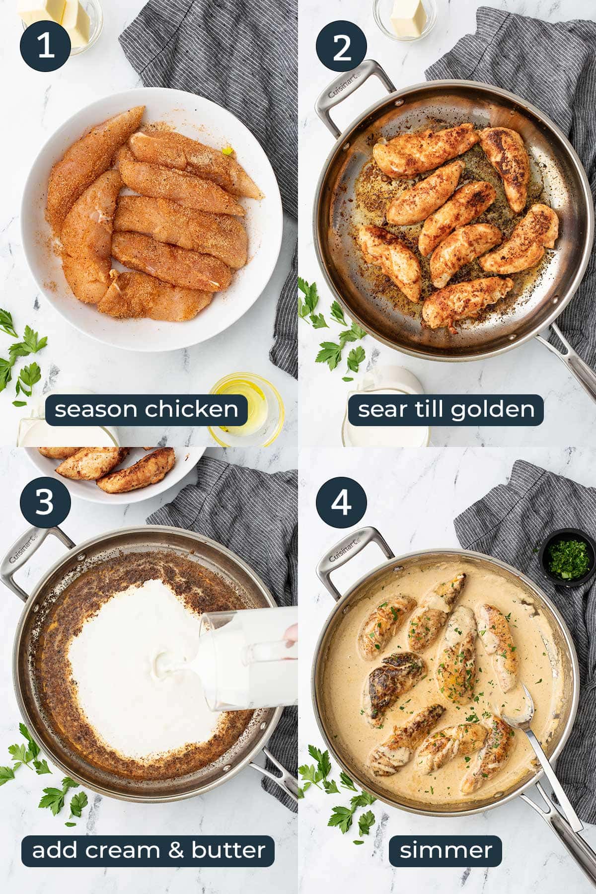 Four step by step photos on how to make chicken Lazone.