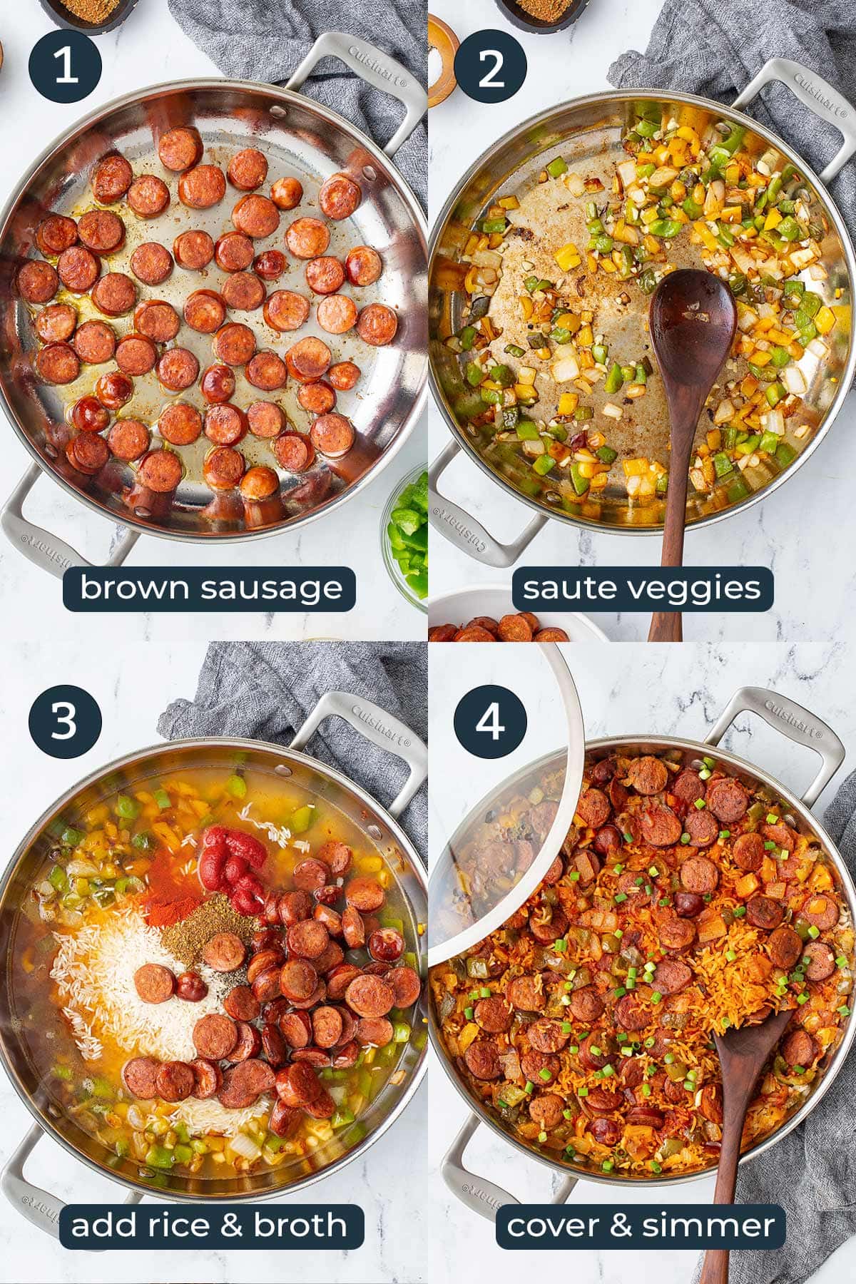 Four step by step photos on how to make smoked sausage and rice in a large stainless steel skillet.