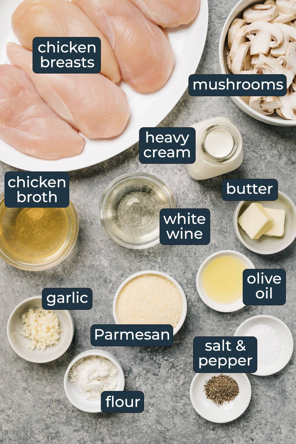 Ingredients to make chicken with creamy mushroom sauce in prep bowls.