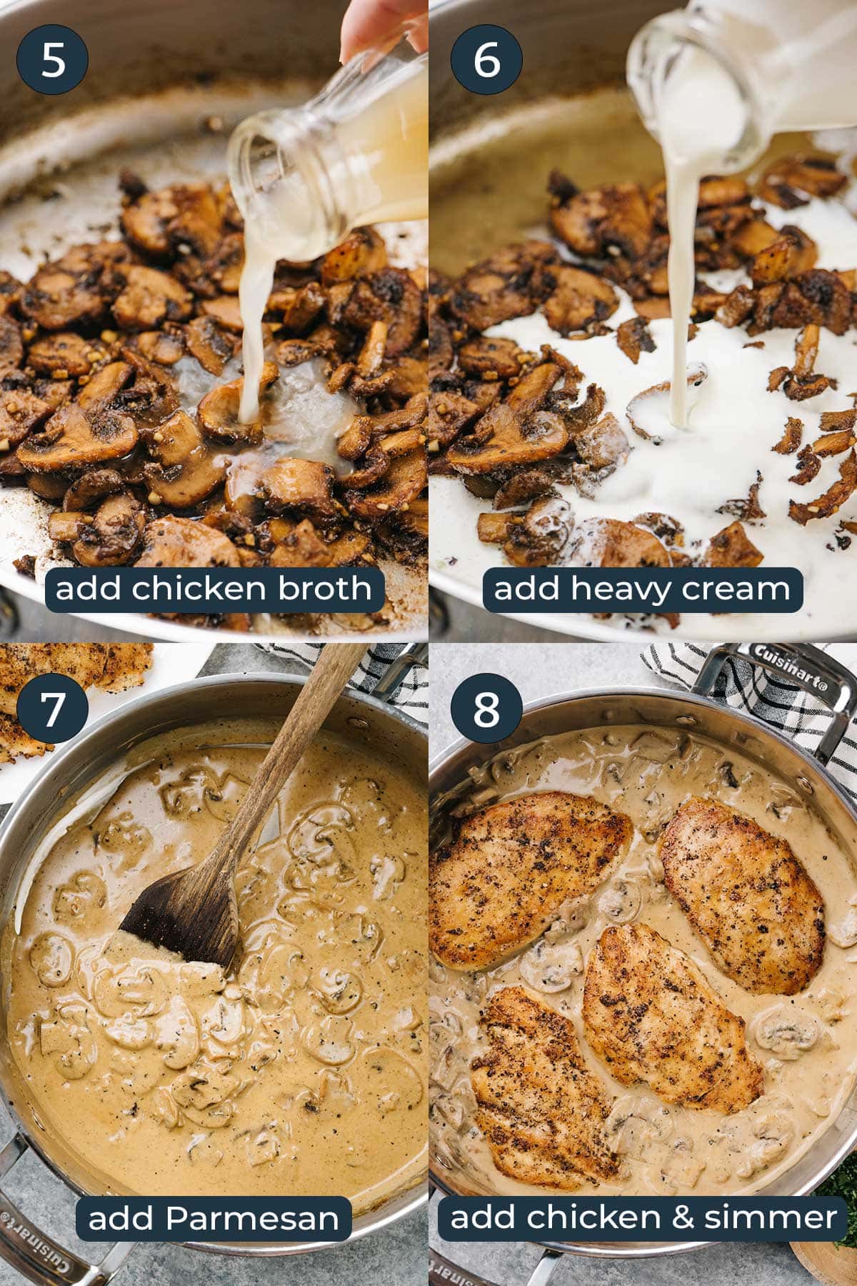 Four step by step photos on how to many chicken with creamy mushroom sauce in a skillet.