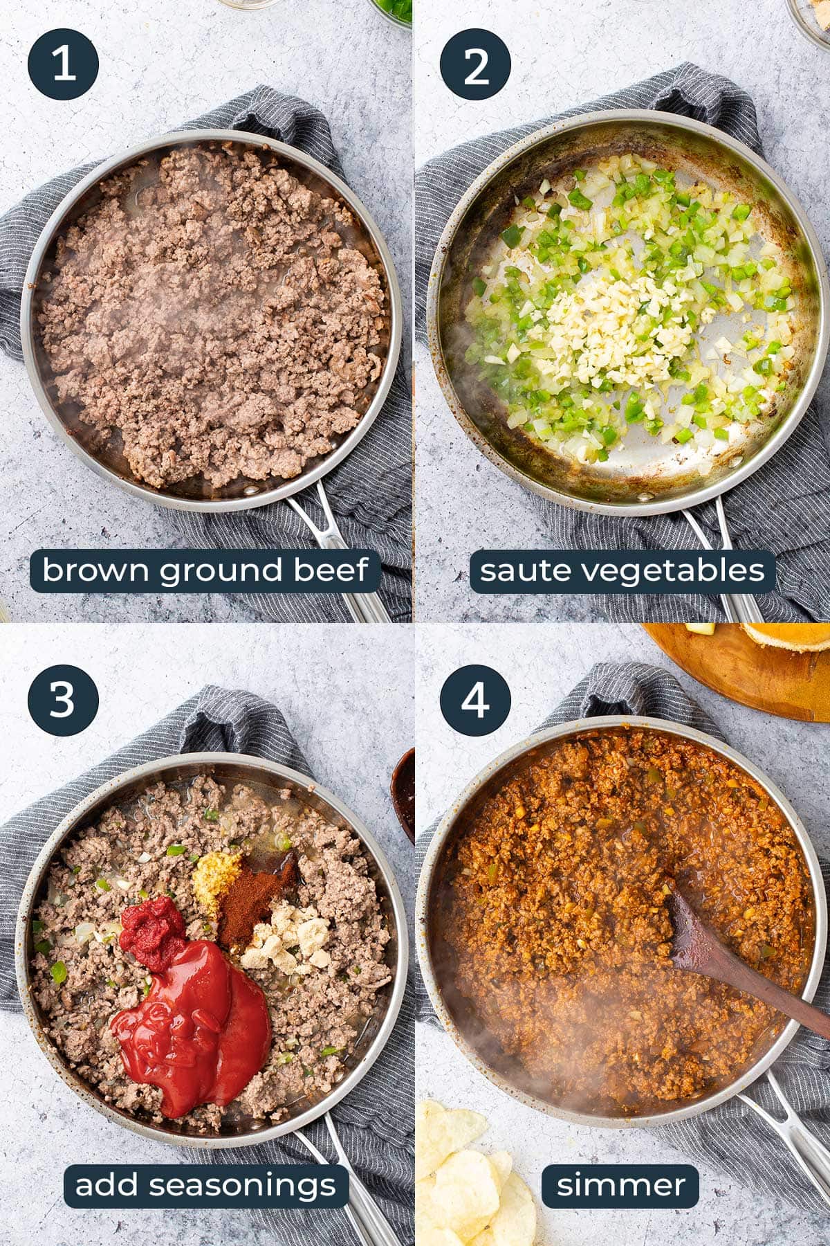 Four step by step photos on how to make homemade Sloppy Joes in a skillet.