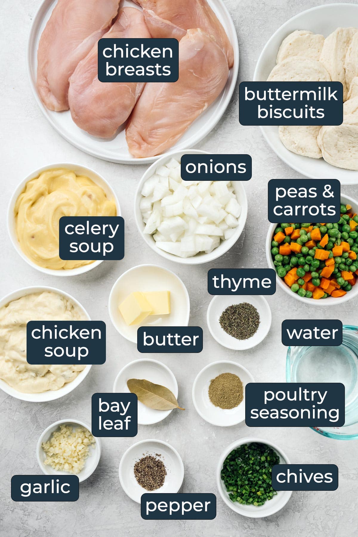 Ingredients to make slow cooker chicken and dumplings in prep bowls.