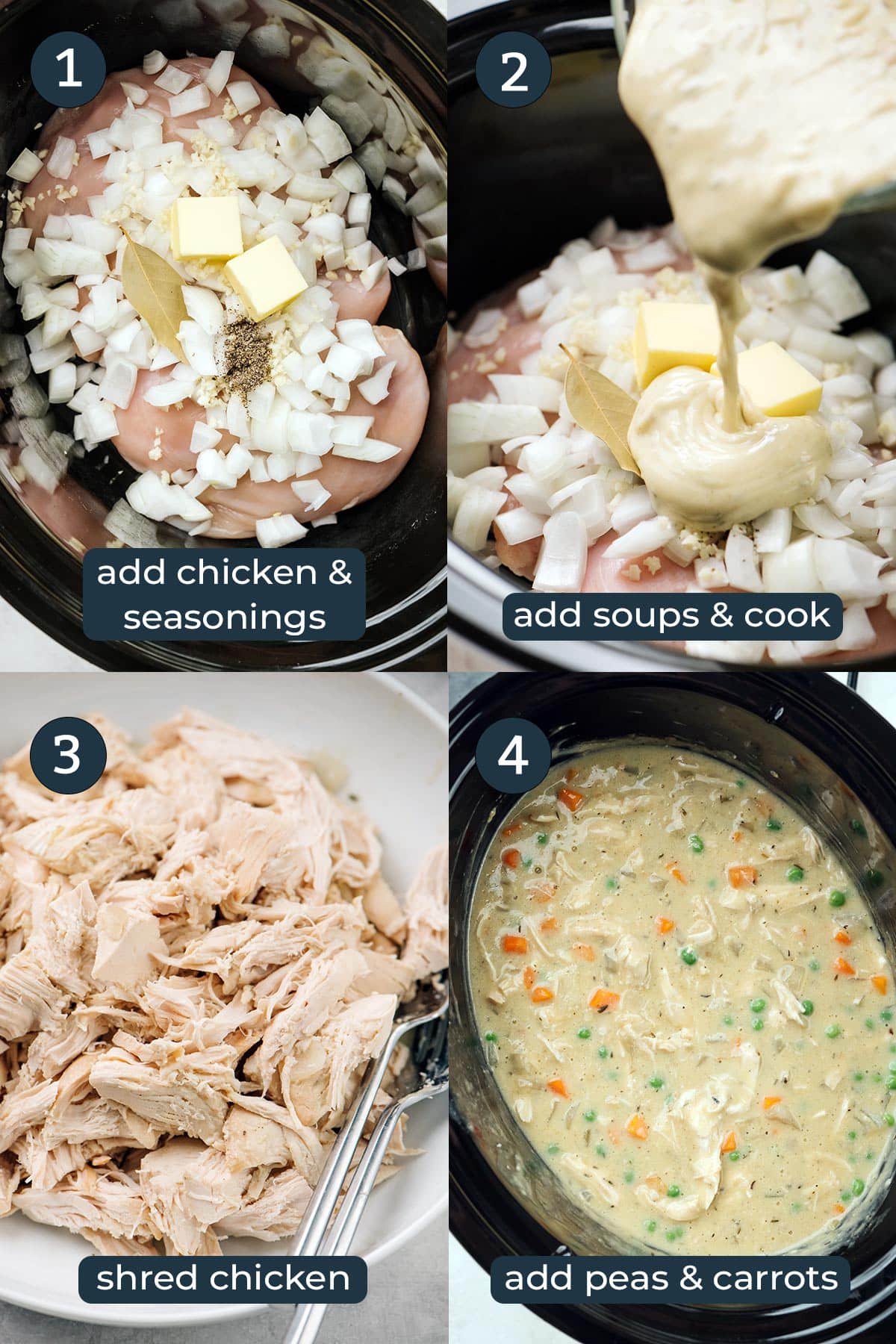 Four step by step photos on how to make slow cooker chicken and dumplings.