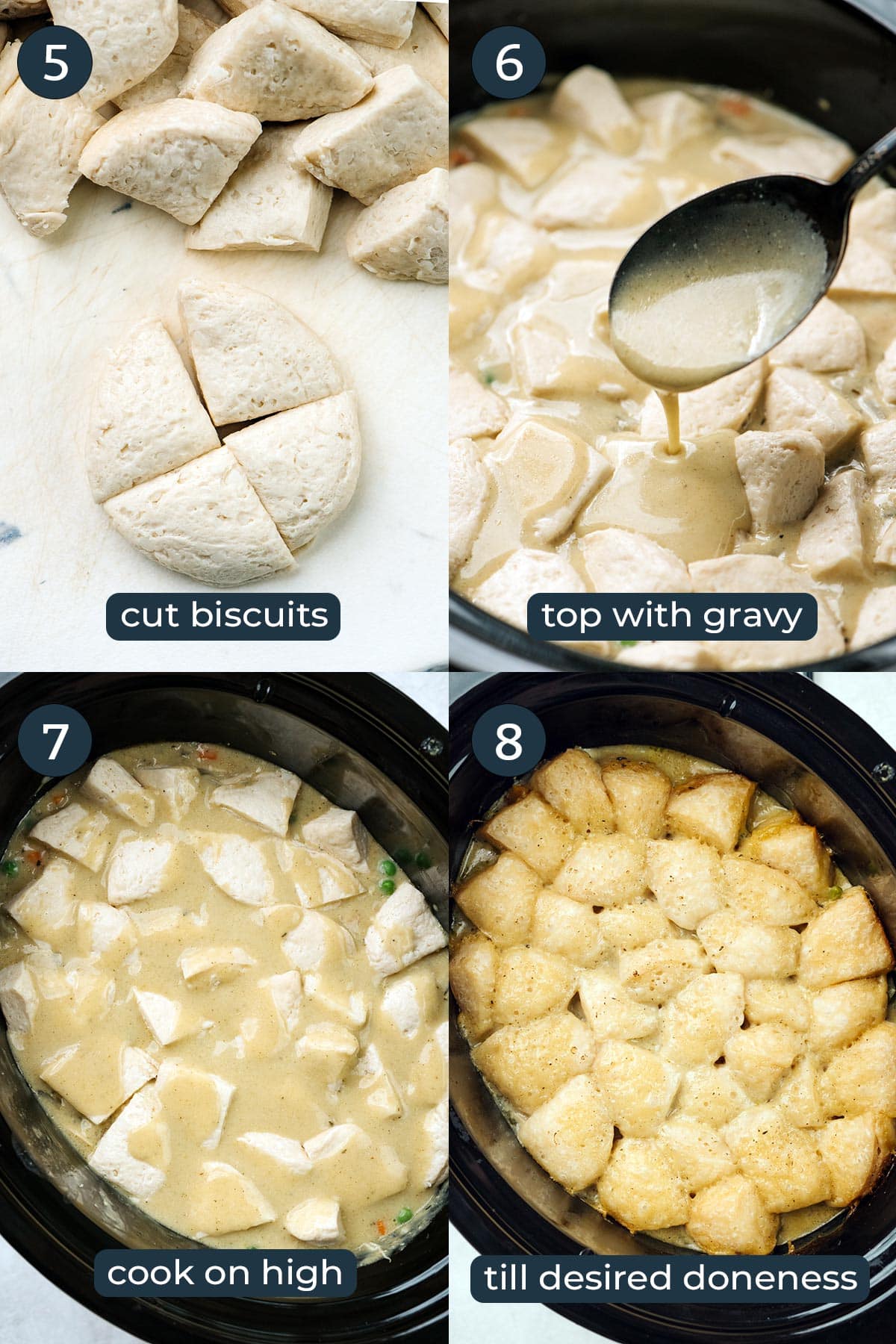 Four step by step photos on how to make slow cooker chicken and dumplings.