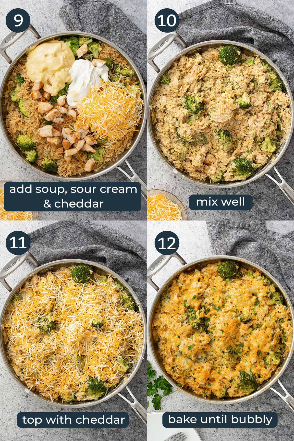 Four step-by-step photos on how to make one pot chicken broccoli rice casserole.