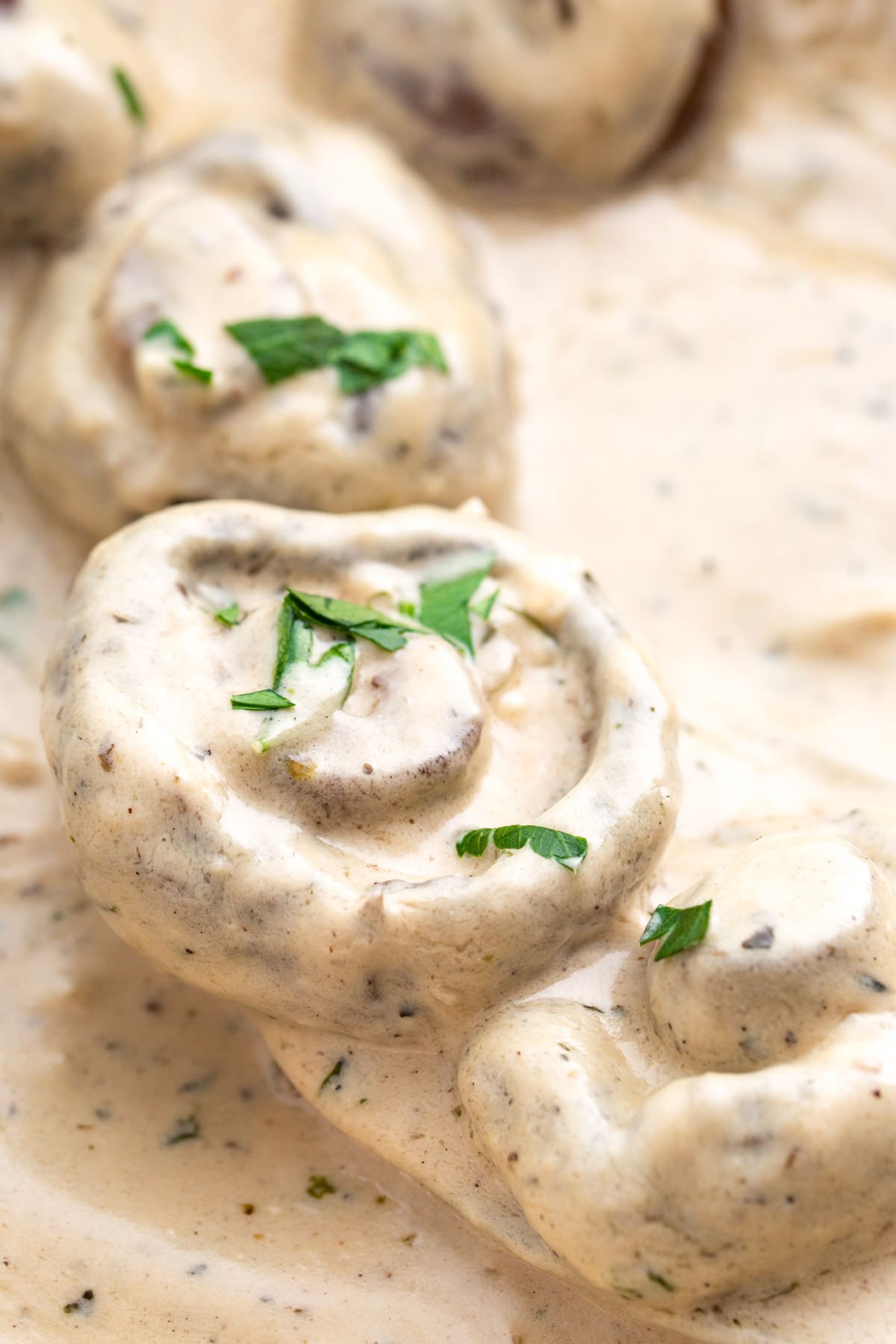 Close-up shot of creamy garlic mushrooms topped with fresh chopped parsley.