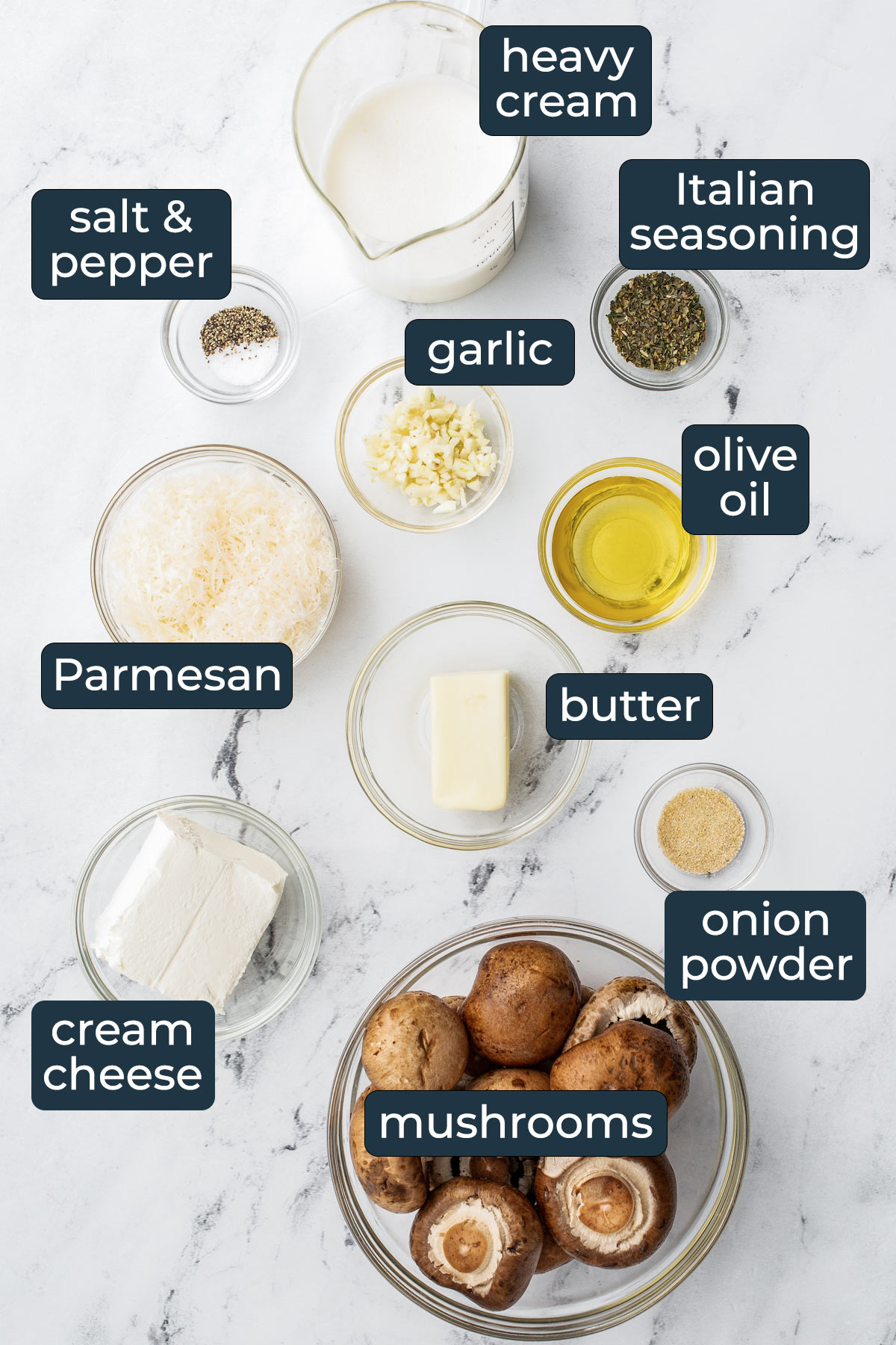 Ingredients to make creamy garlic mushrooms in prep bowls.