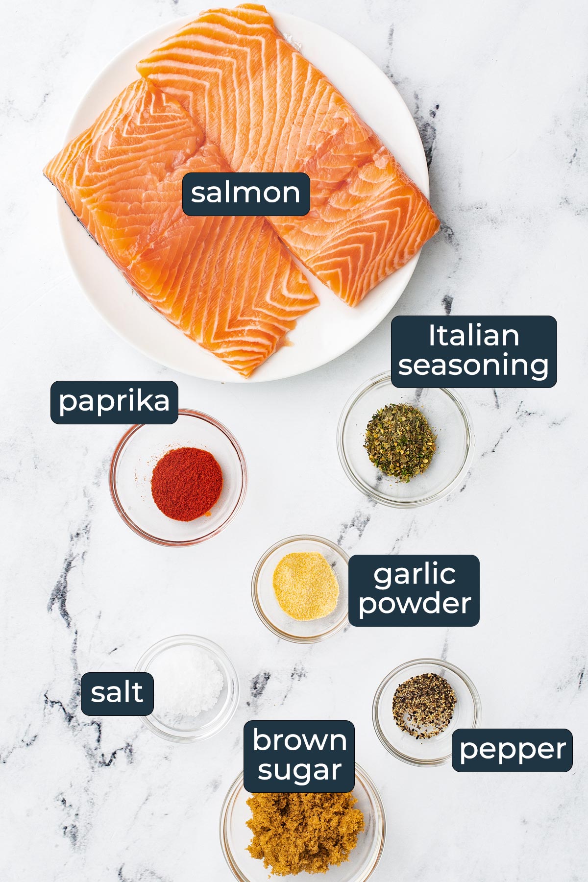 Ingredients to make easy air fryer salmon in prep bowls.
