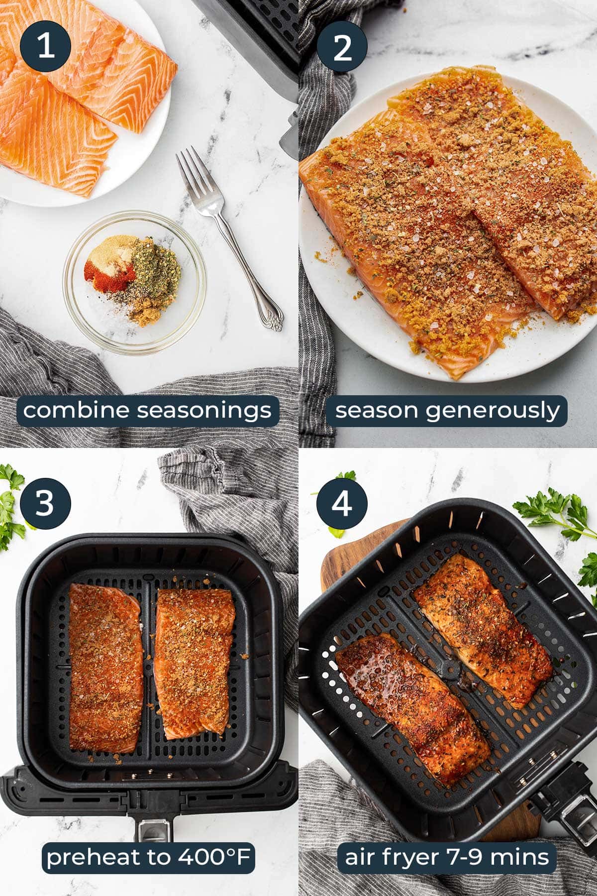Four step-by-step photos on how to make easy air fryer salmon.