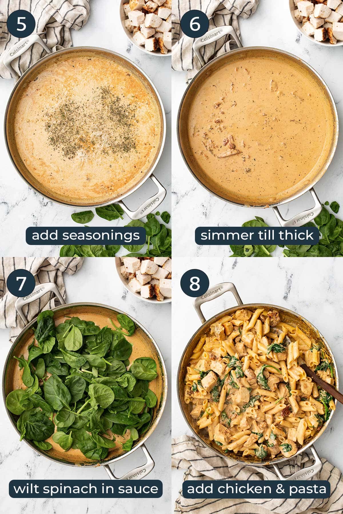 Four step-by-step photos on how to make creamy Tuscan chicken pasta.