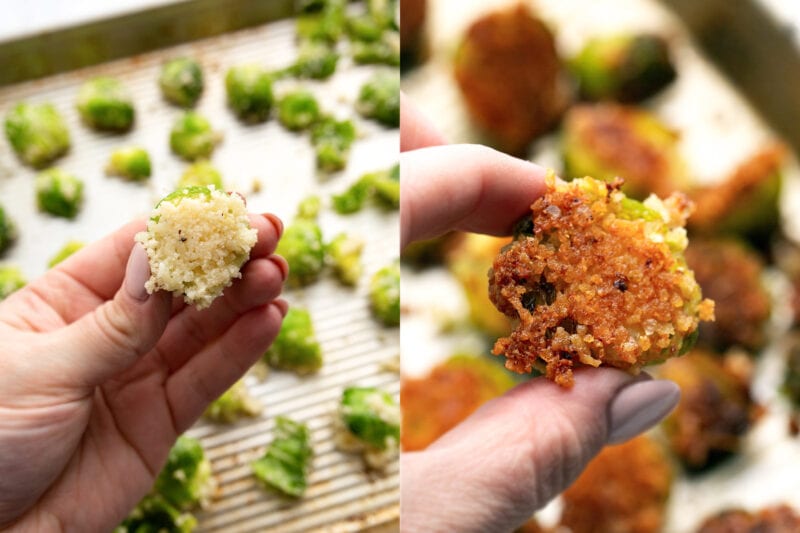 Two before and after side by side photos of a halved panko-crusted brussels sprout.