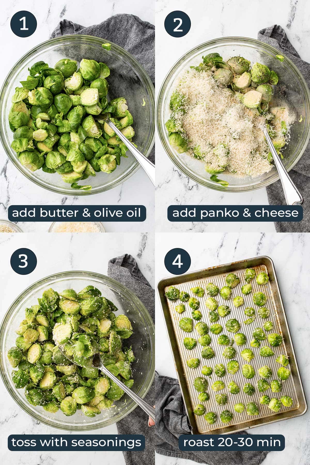 Four step-by-step photos on how to make crispy garlic Parmesan brussels sprouts.