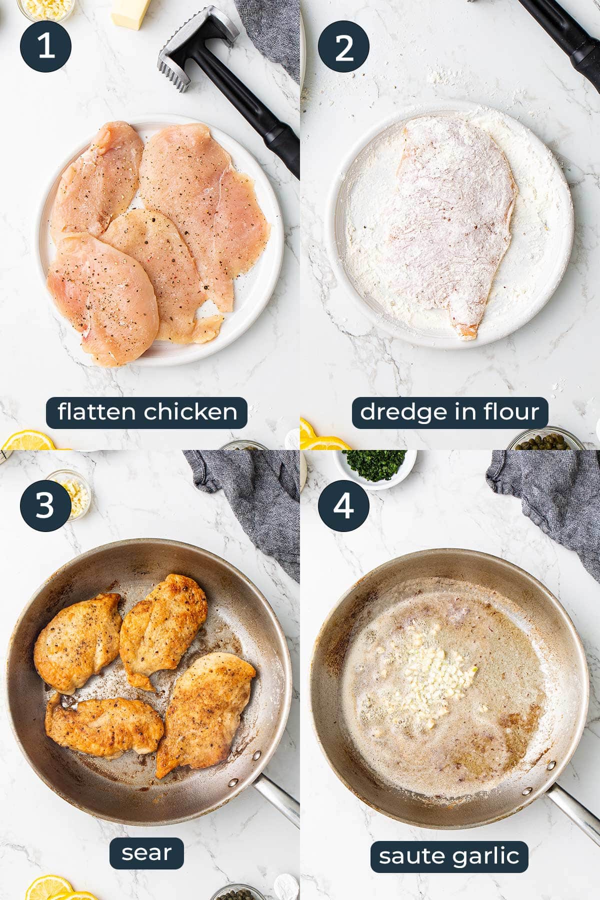 Four step-by-step photos on how to make creamy lemon chicken piccata in a skillet.