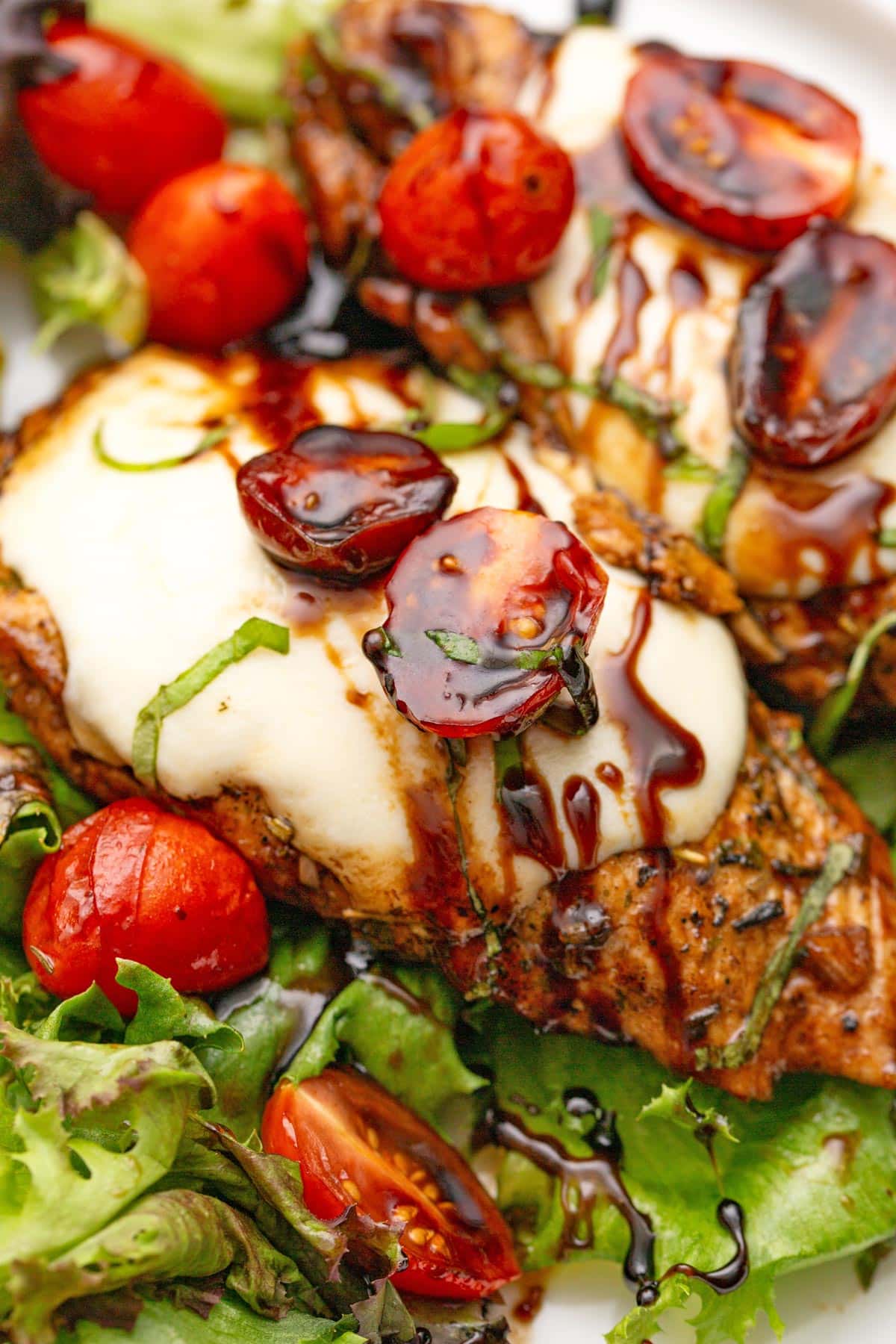 Caprese chicken topped with chiffonade of basil and balsamic sauce on a bed of tossed greens.
