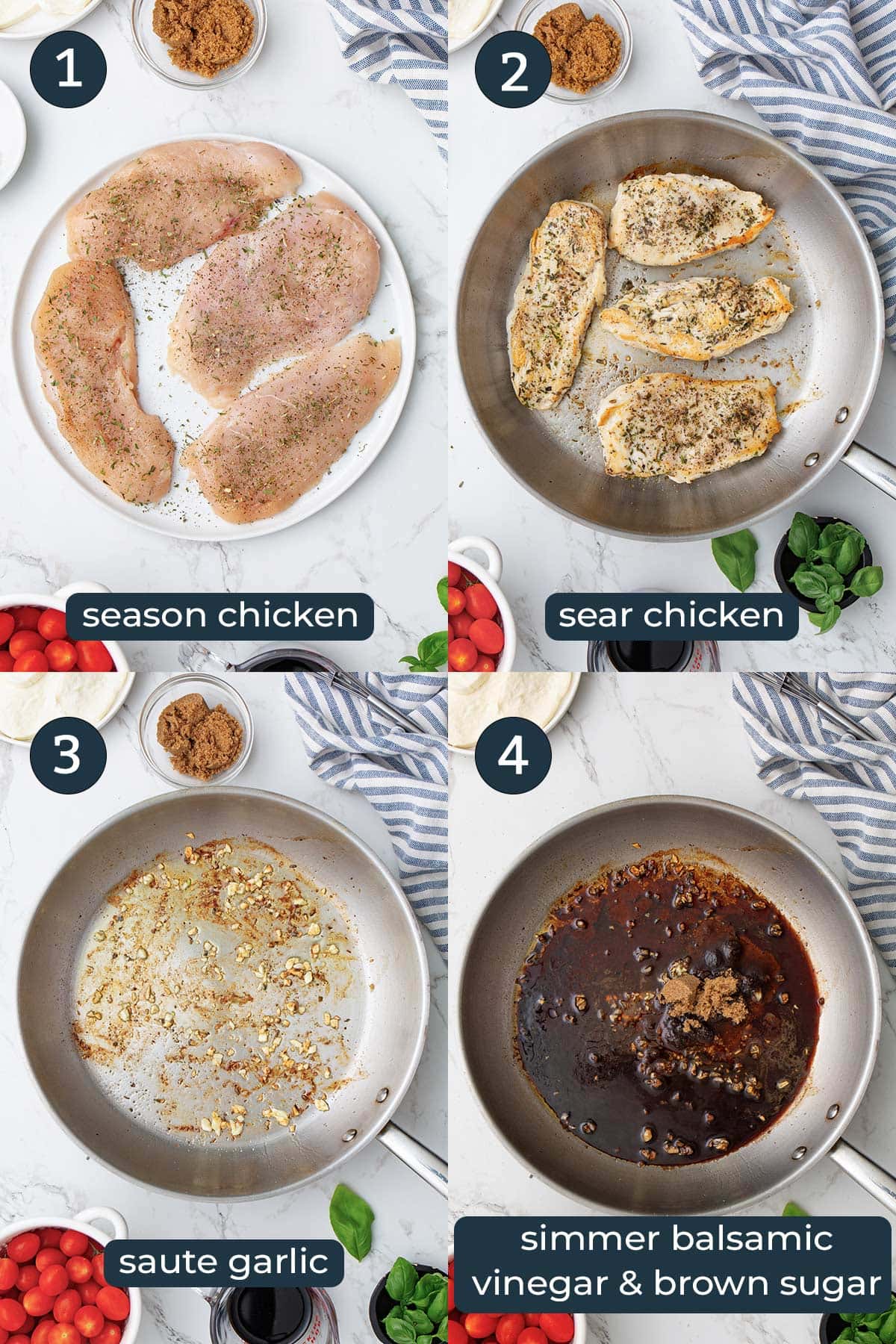 Four step-by-step photos on how to make Caprese chicken in a skillet.