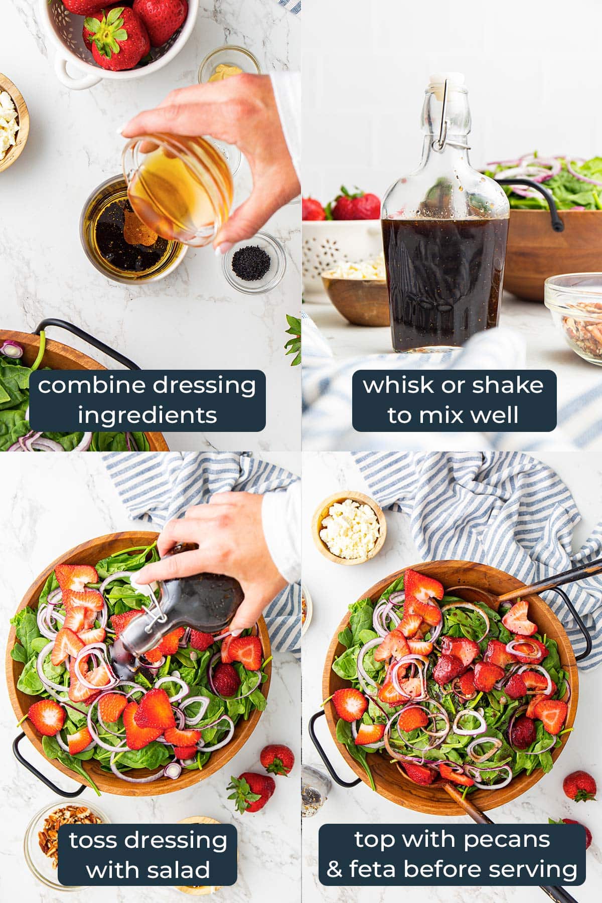 Four step-by-step photos on how to make spinach strawberry salad.