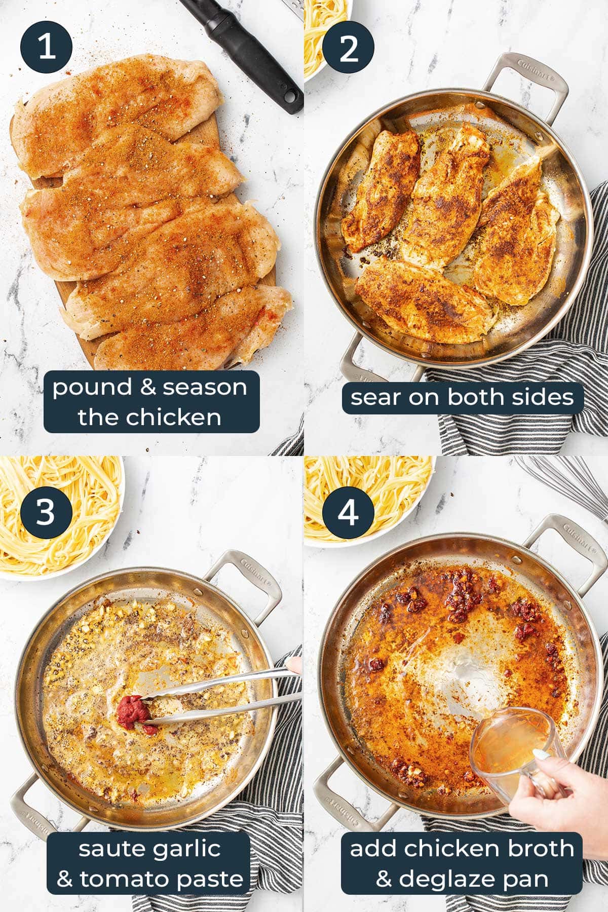 Four step-by-step photos on how to make creamy Cajun chicken pasta in a skillet.