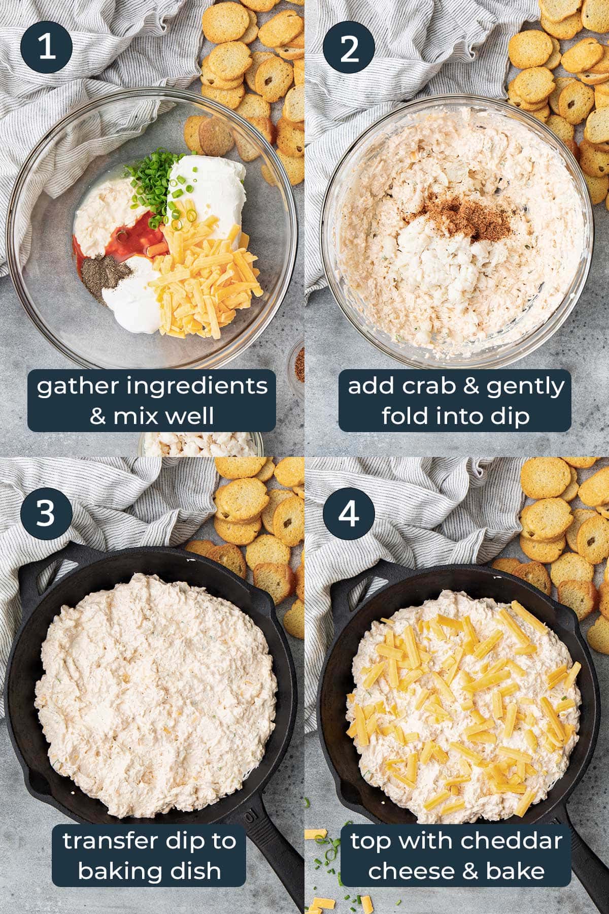 Four step-by-step photos on how to make hot crab dip.