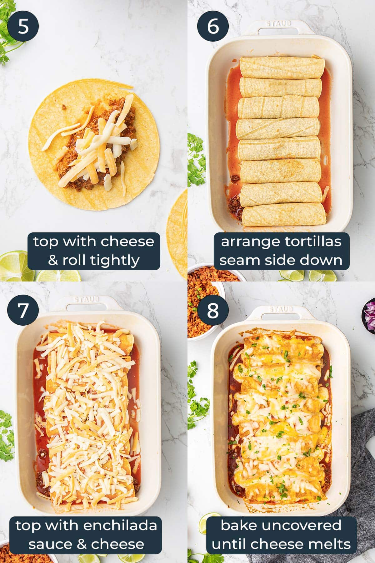 Four step-by-step photos on how to make beef enchiladas.